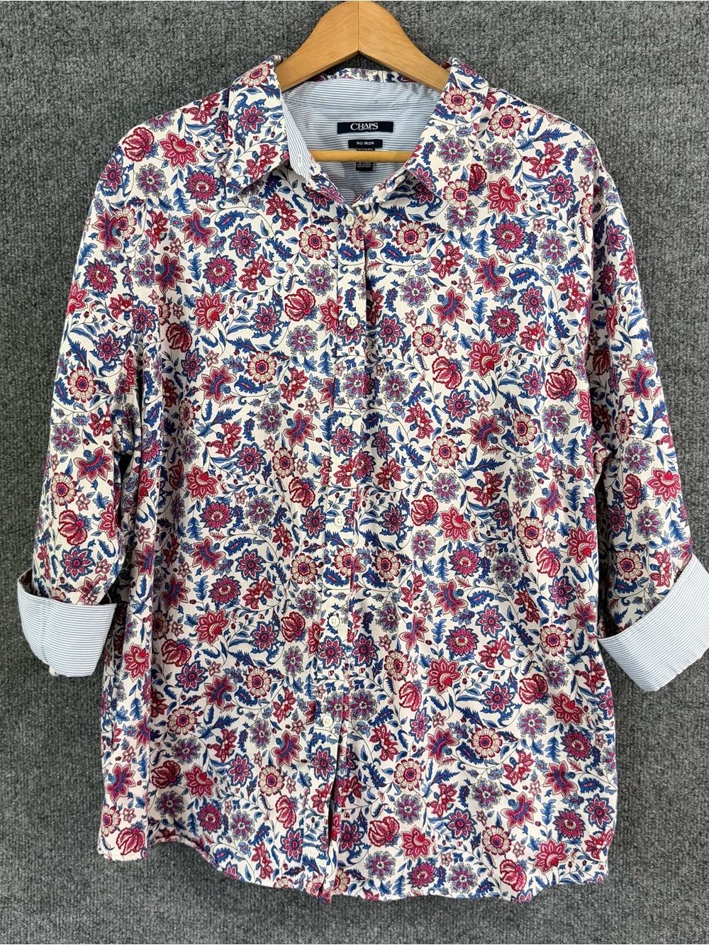 Chaps Womens 3X Button Up Top Floral 3/4 Contrasting Sleeve Office Feminine